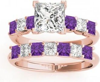 Allurez Princess cut Diamond & Amethyst Bridal Set 14k Rose Gold 1.30ct