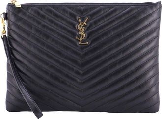 Saint Laurent Black Sheep Leather Classic Monogram Wristlet Pouch Matelasse Chevron Medium (Authentic Pre-Loved)