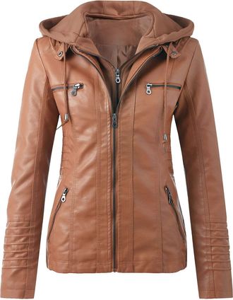 Generic Biker Jacket Womens Leather Womens Hooded Jacket Motorcycle Jacket Funky Slim Faux Leather Jacket Trendy Functional Jacket Women with Hood Long Sleeve