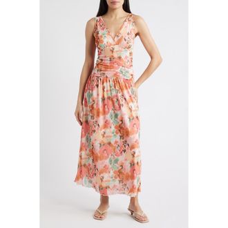 Loveappella Floral Ruched Mesh Maxi Dress in Blush at Nordstrom, Size X-Large