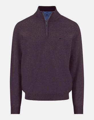 Fynch-Hatton Mens Fine Knit Cotton 1/4 Zip Sweater Aubergine - Purple - Size: 38
