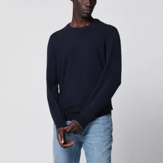 Brunello Cucinelli Navy blue cashmere crewneck sweater with contrast trim