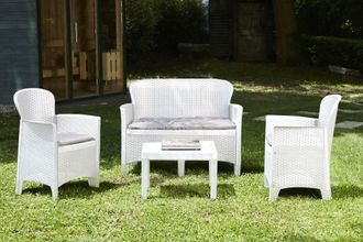 Dmora Dmora - Sal&oacute;n De Jard&iacute;n Ostuni, Conjunto De Jard&iacute;n Con 2 Sillones, 1 Sof&aacute; Y 1 Mesa De Centro, Zona De Estar Efecto Rat&aacute;n Con Cojines, 100% Made In Ita