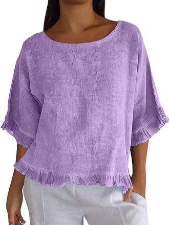 Generic Linen Tops for Women UK My Orders, V Nevk Plus Size Cheesecloth Tops Women Summer Linen Comfortable Floral Prints Lightweight Short Sleeve Y2k Clothes