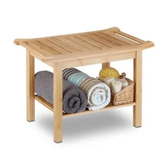 Relaxdays Sgabello, Mobiletto Da Bagno In Bamb&ugrave;, Ripiano, Alzatina, Pouf, In Legno, Hxlxp: 45 X 66 X 40 Cm, Naturale - Relaxdays