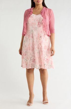 Connected Floral Chiffon Dress & Lace Shrug Set in Soft Coral at Nordstrom Rack, Size 20W