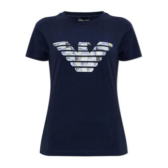 Emporio Armani T-Shirts, female, Blue, Size: XS ASV stretch-jersey slim-fit T-shirt with oversized eagle pattern