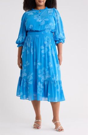 Sugarlips Surf Blossom Irene Smocked Midi Dress in Blue White at Nordstrom, Size 2X