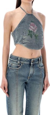 Alessandra Rich Embellished Rose Denim Halterneck Top & Jeans Set Size XS