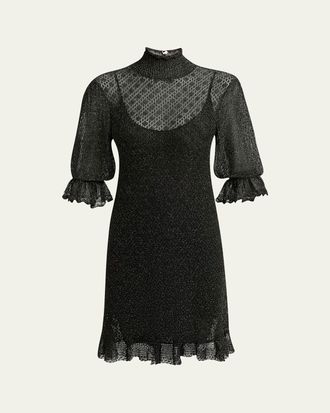 Chlo&eacute; Turtleneck Metallic Open Knit Puff-Sleeve Dress