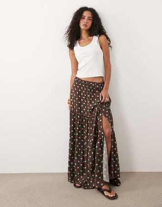 Miss Selfridge gonna maxi a balze con stampa a pois cioccolato e acquamarina-Multicolore