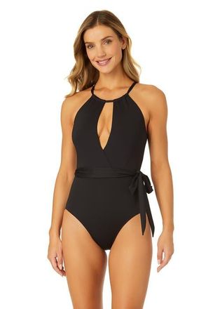 Anne Cole Womens Live In Color High Neck Plunge One Piece Swimsuit in Black at Nordstrom, Size 14