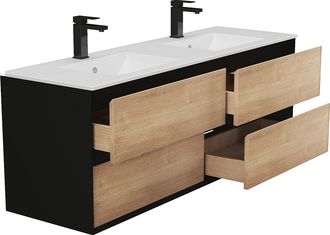 Vente-Unique Mueble de ba&ntilde;o flotante para lavabo encastrado - Color natural claro y negro - 150 cm - LANNICK