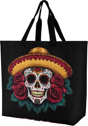 Generic Cinco De Mayo Mexican Skull Reusable Shopping Bags One Shoulder Grocery Tote Bag Waterproof Big Purse for Work Travel