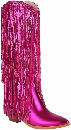 Generic Womens Block Heel Western Cowboy Boot Pointed Toe Long Boots with Tassel PU Leather Knee High Boots,Fuchsia,8.5 UK