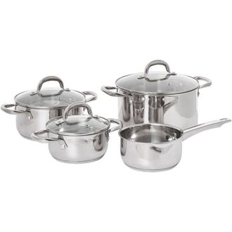 Beliani Set di 7 pentole 4 pentole in acciaio inossidabile con coperchi in vetro argento Primecook