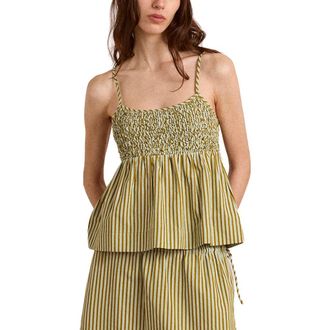 Damson Madder Dinah Striped Smocked Organic Cotton Camisole in Basil at Nordstrom, Size 14