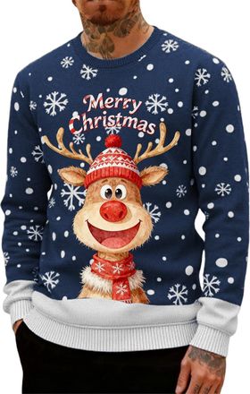 Generic Ugly Christmas Jumpers for Men Crew Neck with Long Sleeves, Warm Cosy Xmas Jumper Funny Christmas Sweater Men Novelty Graphic Reindeer Snowflakes Knit