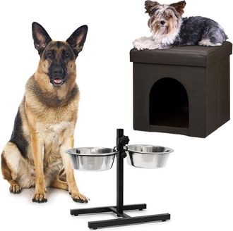 Relaxdays Set De 2 Piezas Home Sweet Hund Deluxe Xl, Jaula Marr&oacute;n, Taburete Con Refugio, Comedero Doble Ajustable