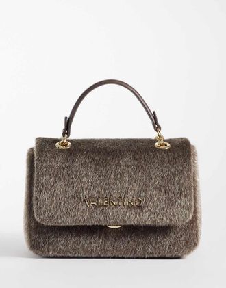 Valentino mini borsa a spalla in pelliccia sintetica color marrone cioccolato