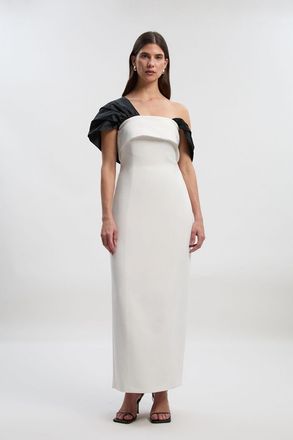 Karen Millen Womens Clean Tailored Taffeta Mix Contrast Drama Sleeve Maxi Dress - White - Size 12 UK