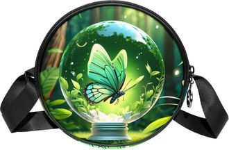 Generic Circle Crossbody Bag for Women, Butterfly Crystal Ball Small Sling Bag Daypack with Zipper Adjustable Shoulder Straps Casual Ladies Girls Round Purse