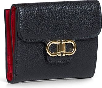 Ferragamo Womens Compact Wallet Hammered Calfskin Black Calf Leather & Purses