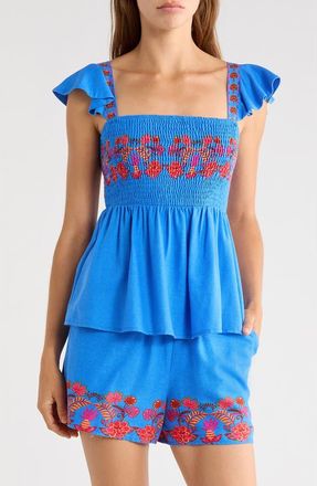 Sugarlips Isela Smocked Flutter Sleeve Top in Blue-Red-Multi at Nordstrom, Size X-Large