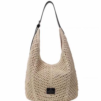 Generic Crochet Hobo Shoulder Bag, Beige, Woven Mesh Design with Black Leather Strap, Casual Summer Style 282516cm
