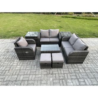 Fimous 7 Seater High Back Rattan Garden Furniture Set with Loveseat Sofa Rectangular Coffee Table 2 Small Footstools 2 Side Tables Indoor Outdoor Patio