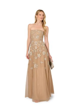 Adrianna Papell Womens Strapless Beaded Mesh Dress - Beige - Size 10 UK
