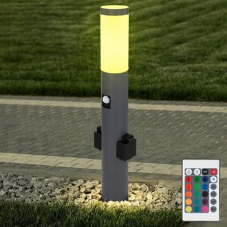 ETC Shop Lampada da giardino, dimmerabile con telecomando, segnapasso da esterno con rilevatore di movimento, presa 2x, piantana luminosa, acciaio