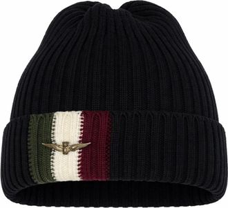 Aeronautica Aeronautica Militare, Beanies, male, Black, Size: ONE SIZE Ribbed Beanie with Tricolour Flag