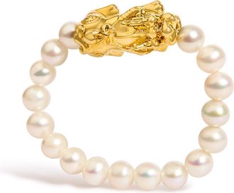 House of Brilliance 18K Yellow Gold Freshwater Pearl Dragon Charm Adjustable Ring Band