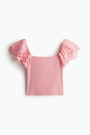 H&M Geripptes Top mit Details in Broderie Anglaise - Hellrosa