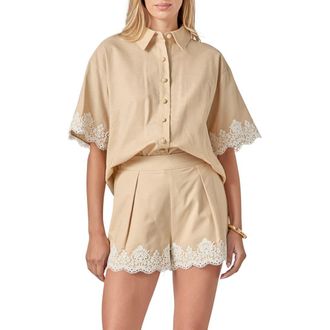 English Factory Embroidered Lace Linen Blend Shirt in Beige/White at Nordstrom, Size Large