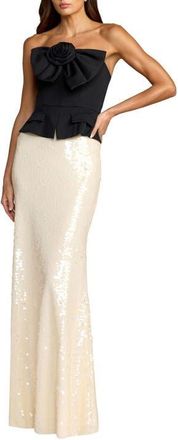 Mac Duggal Strapless Rosette Crepe and Sequin Gown in Black Ivory at Nordstrom, Size 10