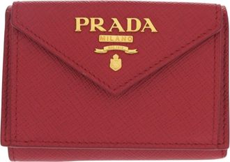 Prada Red Color Leather Saffiano Metal Wallet (Tri-Fold) (Pre-Owned)