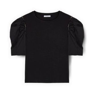 Motivi Tops, Dames, Zwart, L, Katoen, T-shirt met ballonmouwen en stenen