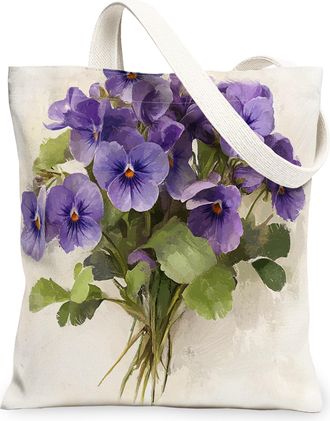 Generic Spring Violet Flower Canvas Tote Bag for Shopping 13x15, Watercolor Florals Plant Reusable Grocery Print Bag for Women, Botanical Beach Aesthetic Pain