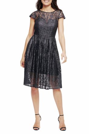 Kensie Foil Lace Short Sleeve Fit And Flare Dress In Black