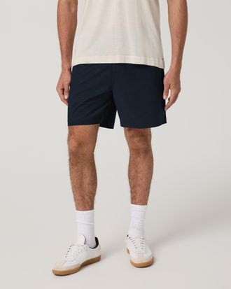 Vuori Clothing Aim Elastic Waist Shorts 7 | Navy Houndstooth Linen Texture | Medium Navy Houndstooth LT