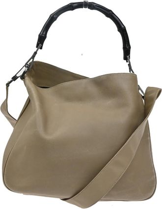 Gucci Vintage Bamboo Handle Open Hobo Leather Beige Leather Handbag (Pre-Owned)