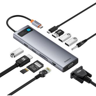 OEM Adaptador Hub 11 En 1 Usb-c A Usb-c Pd 4x Usb Hdmi Vga Aux Rj45 Sd Tf Gris