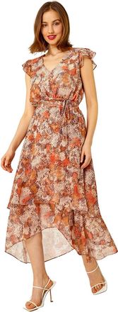 Roman Womens Snake Print Tiered Midi Dress - Stone - Size 12 UK