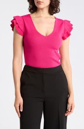 T Tahari Ruffle Sleeve Fitted Sweater in Rosa at Nordstrom Rack, Size X-Large