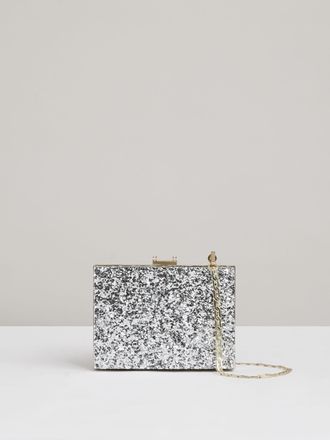 Reiss Silver Glitter Box Clutch Bag
