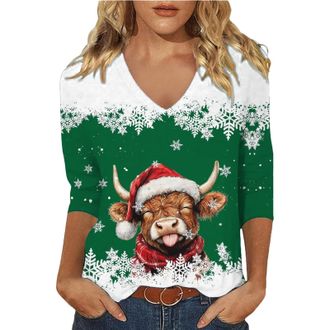 Generic Highland Cow Shirts 3/4 Length Sleeve Funny Highland Cow Tops for Women Cute Cow Shirts for Women V Neck Christmas T Shirt Highland Cow Gifts