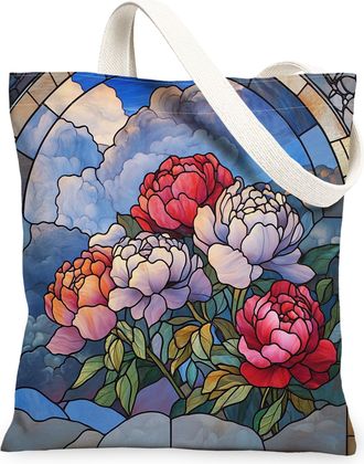 Generic Stained Glass Peony Flower Canvas Tote Bag for Shopping 13x15, Cool Floral Garden Reusable Grocery Print Pattern Bag for Women Men, Fun Wildflower Aes