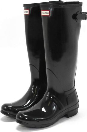Hunter Womens Original Tall Back Adjustable Gloss Rain Boots In Black